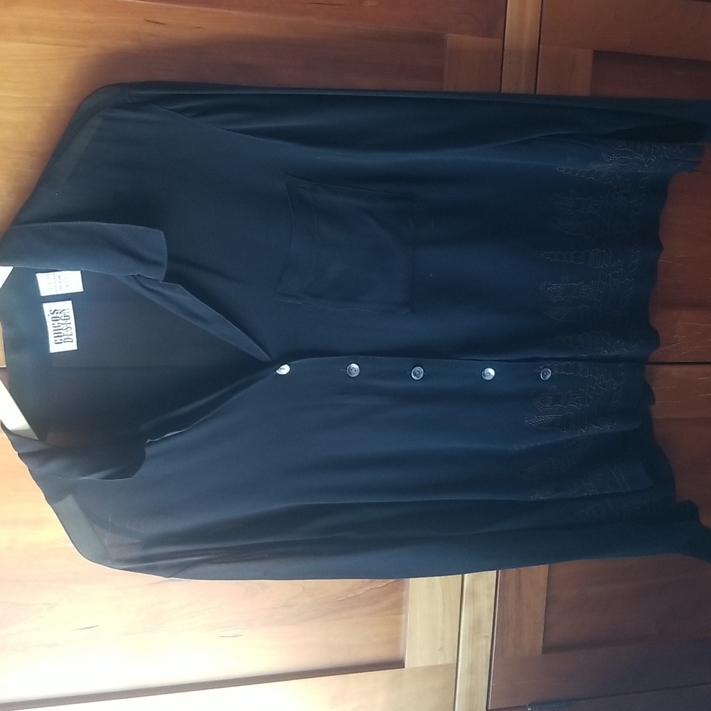 CHICO'S  funky, sheer black blouse with pseudo  hieroglyph embroidery, Size 2